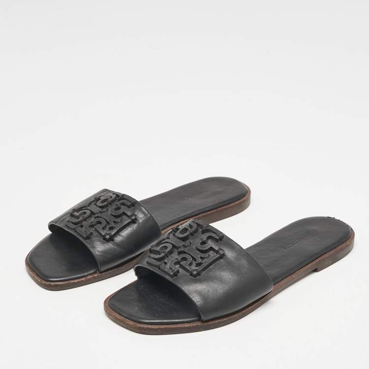 Pre Owned Tory Burch Black Leather Double T Slide Flat Sandals Size 35