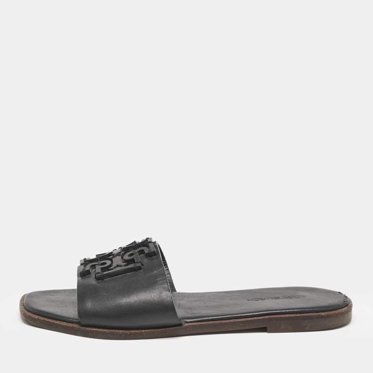 Pre Owned Tory Burch Black Leather Double T Slide Flat Sandals Size 35