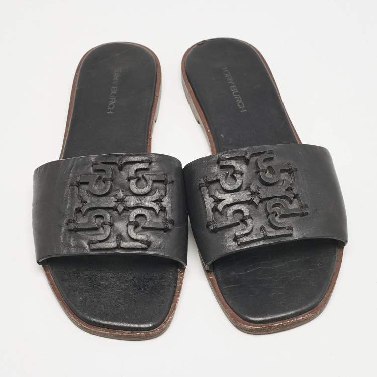 Pre Owned Tory Burch Black Leather Double T Slide Flat Sandals Size 35