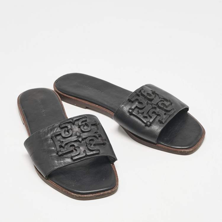 Pre Owned Tory Burch Black Leather Double T Slide Flat Sandals Size 35