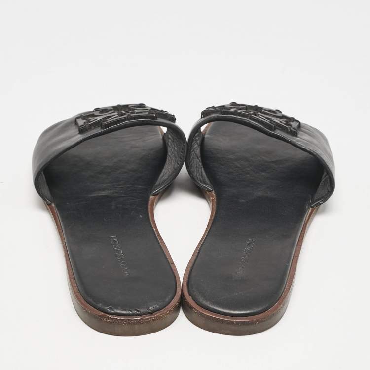 Pre Owned Tory Burch Black Leather Double T Slide Flat Sandals Size 35