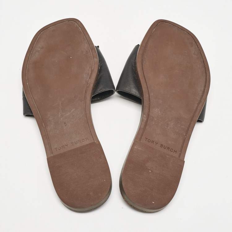 Pre Owned Tory Burch Black Leather Double T Slide Flat Sandals Size 35