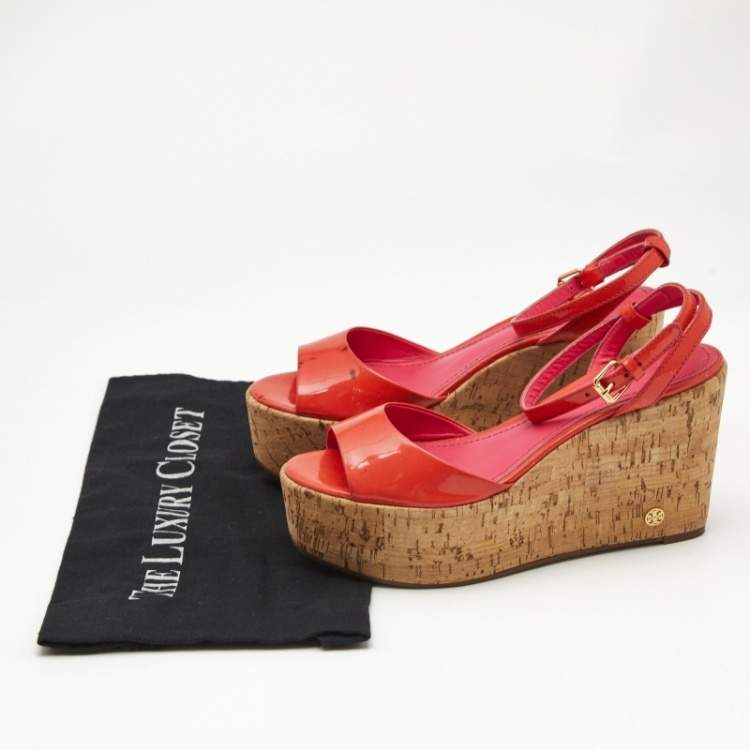 Pre Owned Tory Burch Pink Patent Leather Dahlia Cork Wedge Sandals Size 36