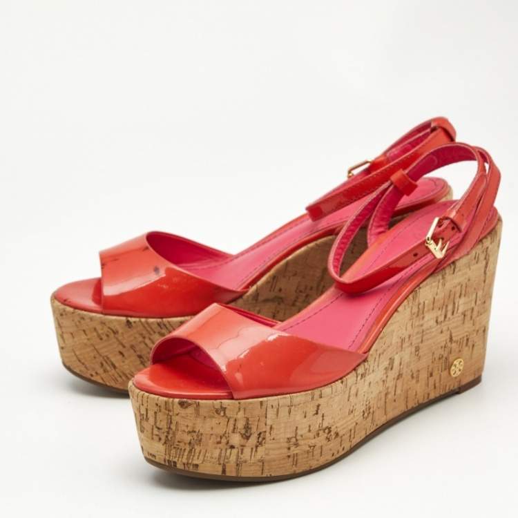 Pre Owned Tory Burch Pink Patent Leather Dahlia Cork Wedge Sandals Size 36