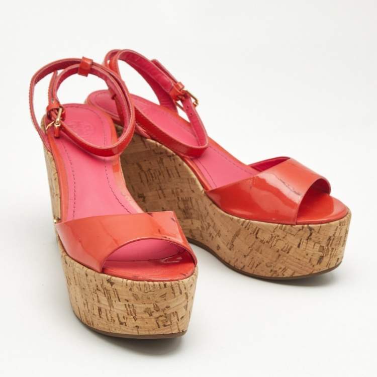 Pre Owned Tory Burch Pink Patent Leather Dahlia Cork Wedge Sandals Size 36