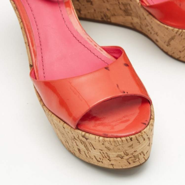 Pre Owned Tory Burch Pink Patent Leather Dahlia Cork Wedge Sandals Size 36