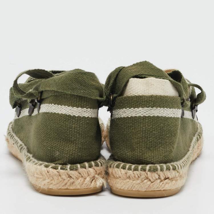 Pre Owned Tory Burch Green/White Stripe Canvas Ankle Wrap Espadrille Flats Size 37