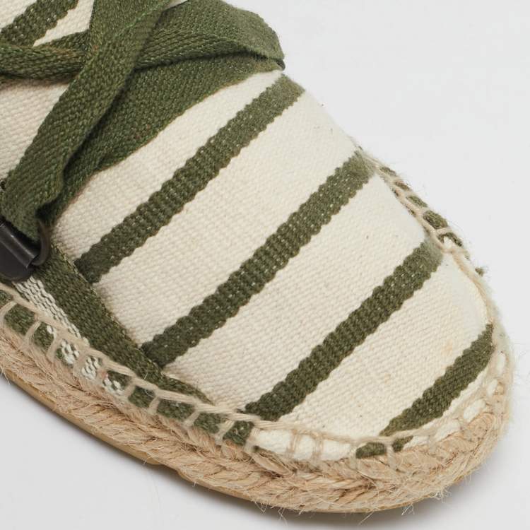 Pre Owned Tory Burch Green/White Stripe Canvas Ankle Wrap Espadrille Flats Size 37