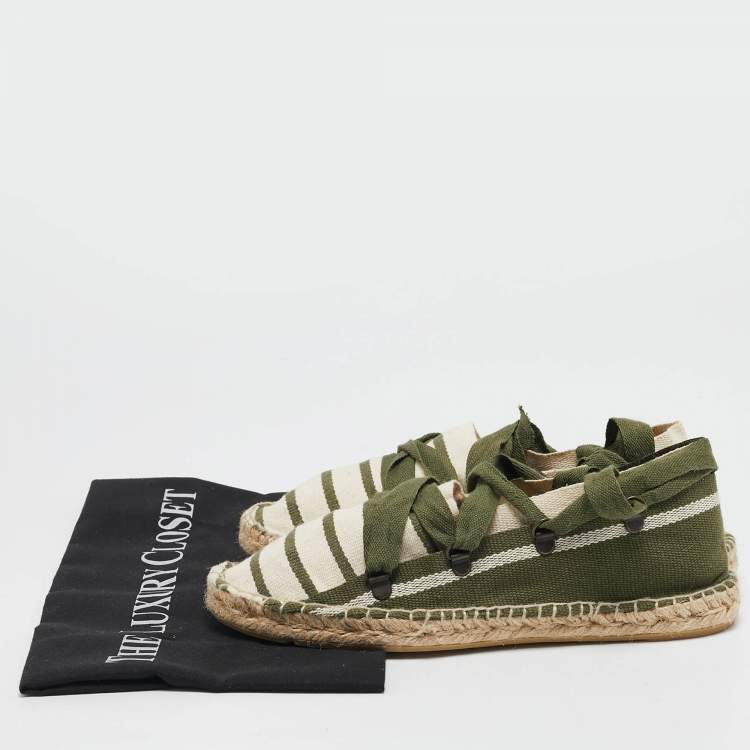 Pre Owned Tory Burch Green/White Stripe Canvas Ankle Wrap Espadrille Flats Size 37