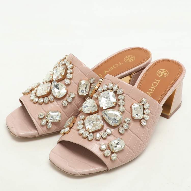 Pre Owned Tory Burch Pink Crocodile Embossed Leather Martine Slide Sandals Size 35