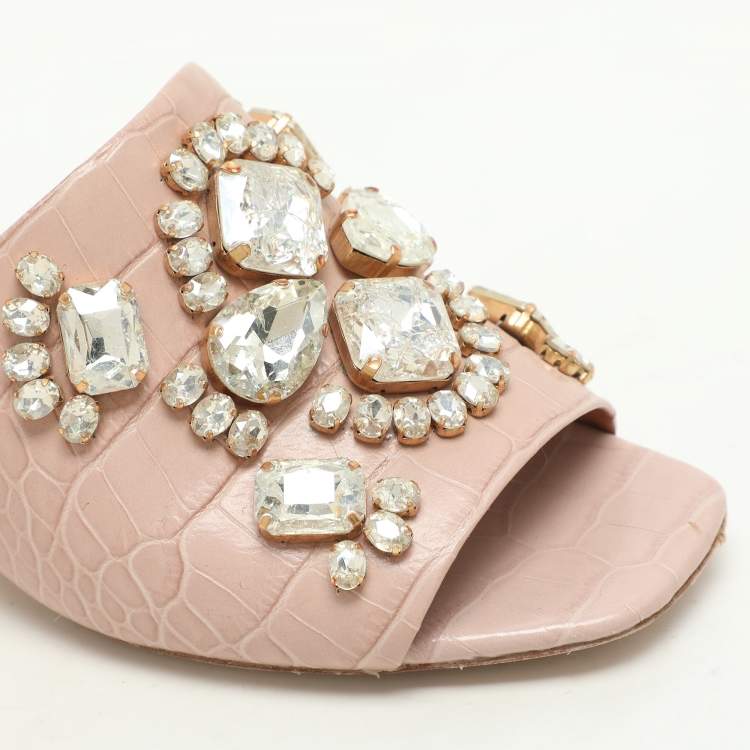 Pre Owned Tory Burch Pink Crocodile Embossed Leather Martine Slide Sandals Size 35
