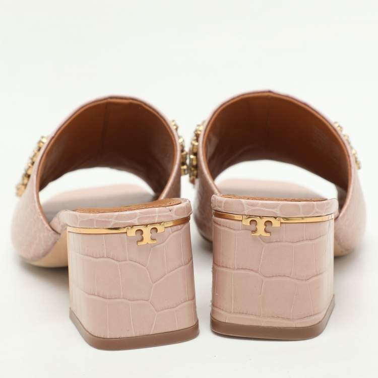 Pre Owned Tory Burch Pink Crocodile Embossed Leather Martine Slide Sandals Size 35
