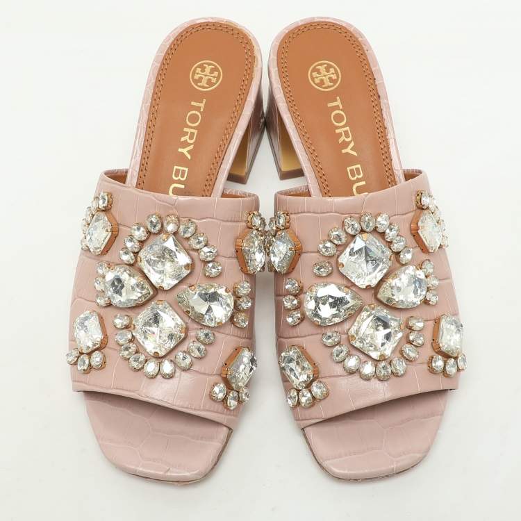 Pre Owned Tory Burch Pink Crocodile Embossed Leather Martine Slide Sandals Size 35