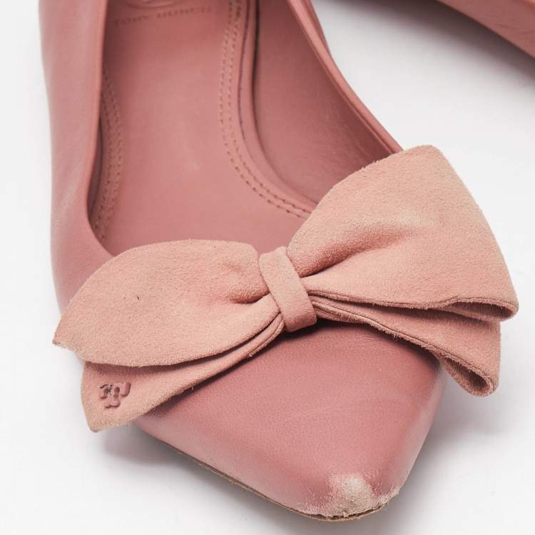Pre Owned Tory Burch Pink Leather Bow Ballet Flats Size 38.5