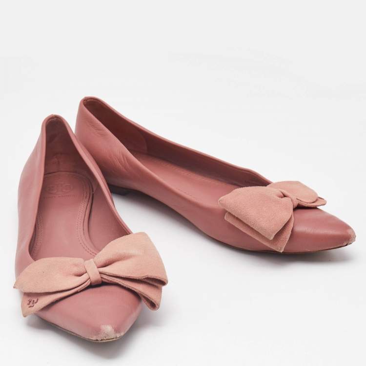 Pre Owned Tory Burch Pink Leather Bow Ballet Flats Size 38.5