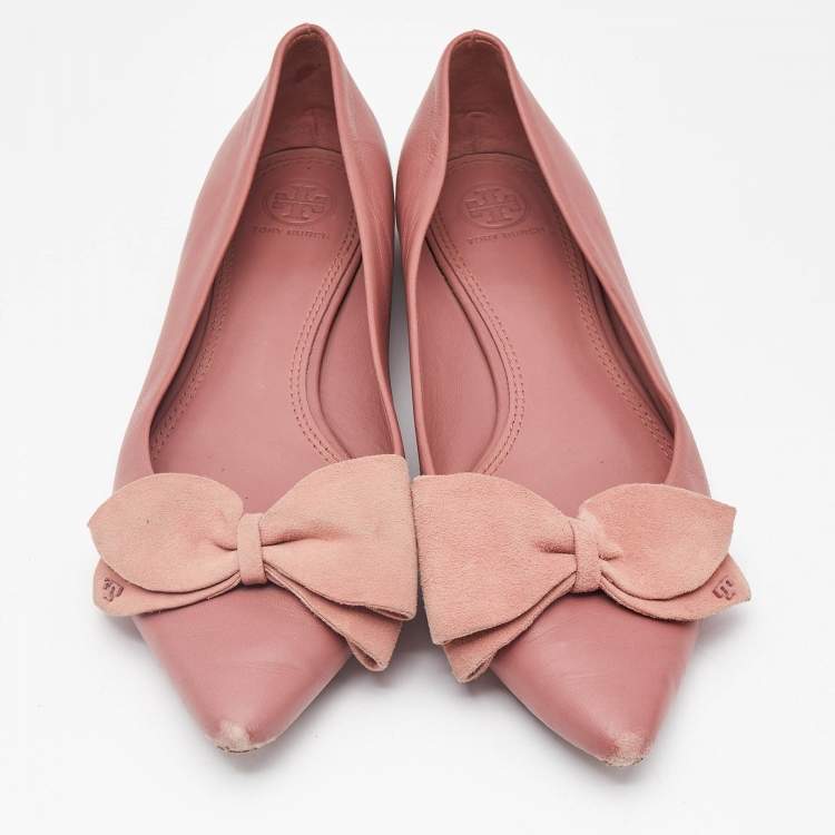Pre Owned Tory Burch Pink Leather Bow Ballet Flats Size 38.5
