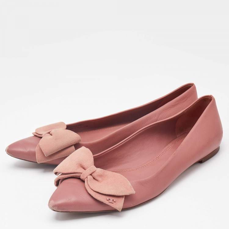 Pre Owned Tory Burch Pink Leather Bow Ballet Flats Size 38.5