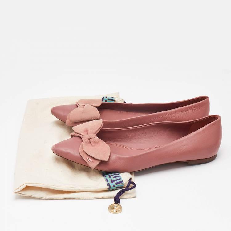 Pre Owned Tory Burch Pink Leather Bow Ballet Flats Size 38.5