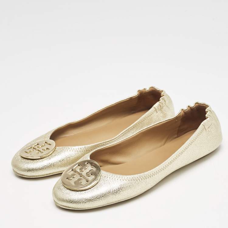 Pre Owned Tory Burch Gold Metallic Leather Reva Scrunch Ballet Flats Size 39.5