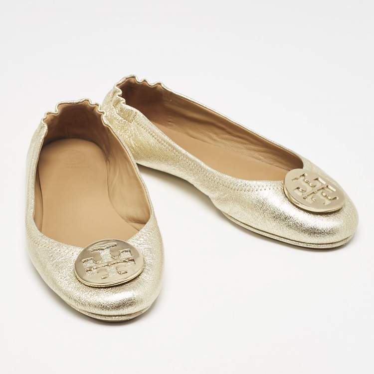 Pre Owned Tory Burch Gold Metallic Leather Reva Scrunch Ballet Flats Size 39.5