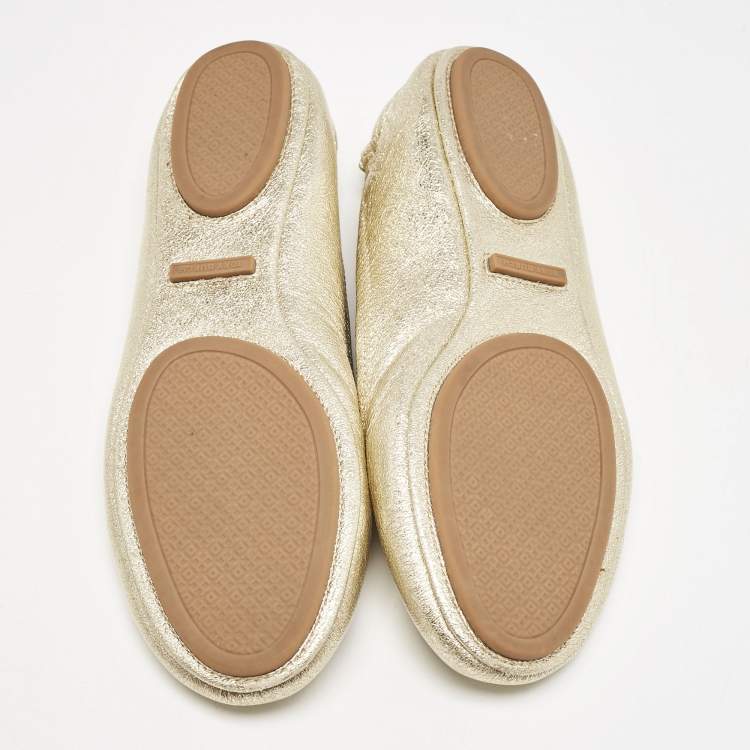 Pre Owned Tory Burch Gold Metallic Leather Reva Scrunch Ballet Flats Size 39.5