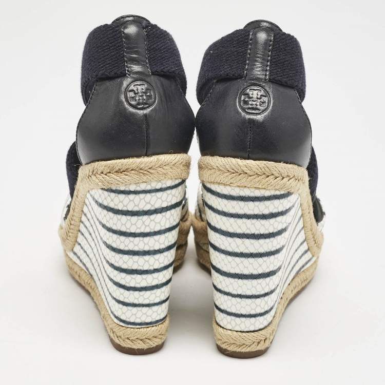 Pre Owned Tory Burch Blue/White Snakeskin Embossed and Leather Natanya Wedge Sandals Size 37