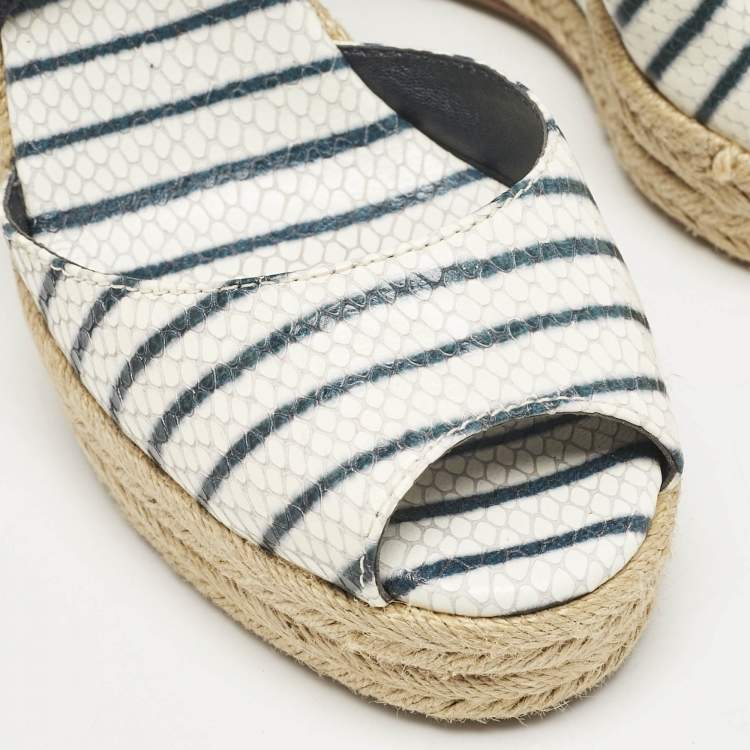Pre Owned Tory Burch Blue/White Snakeskin Embossed and Leather Natanya Wedge Sandals Size 37