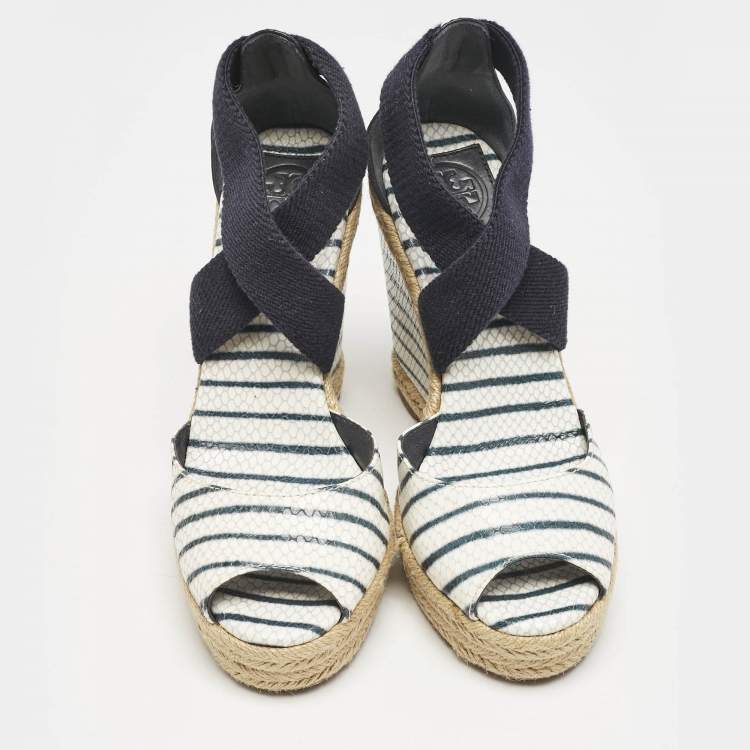 Pre Owned Tory Burch Blue/White Snakeskin Embossed and Leather Natanya Wedge Sandals Size 37