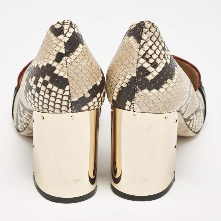 Pre Owned Tory Burch Brown/Beige Snakeskin Embossed Leather and Velvet Jessa Pumps Size 37