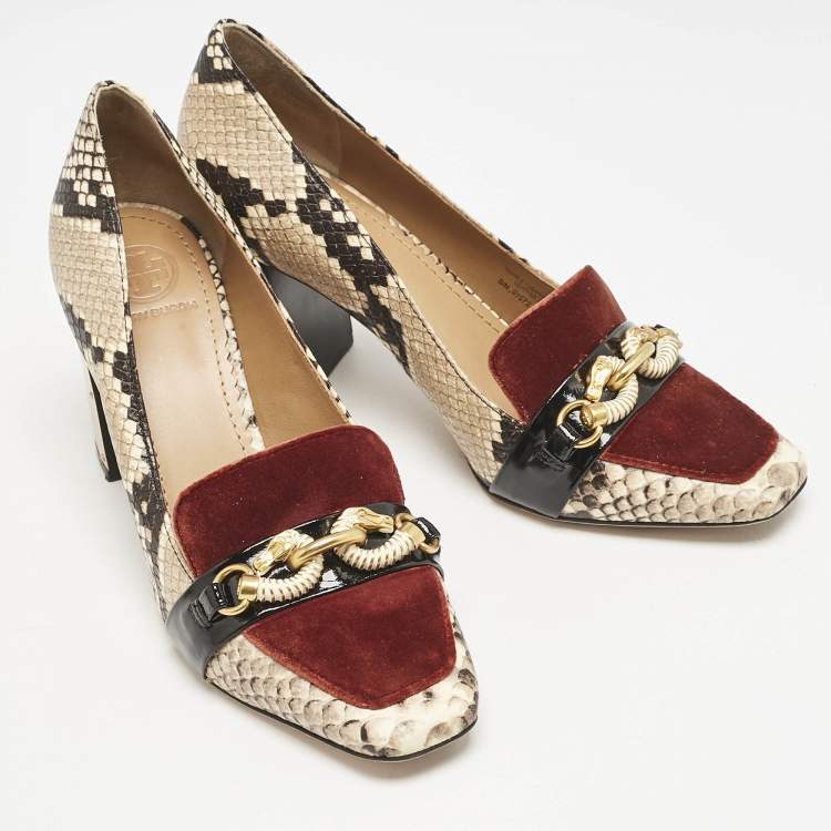 Pre Owned Tory Burch Brown/Beige Snakeskin Embossed Leather and Velvet Jessa Pumps Size 37