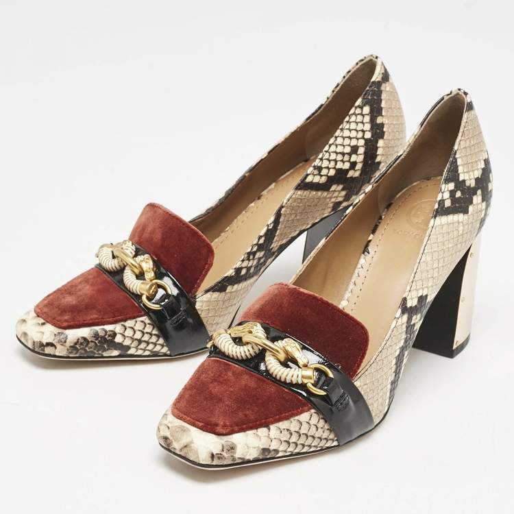 Pre Owned Tory Burch Brown/Beige Snakeskin Embossed Leather and Velvet Jessa Pumps Size 37