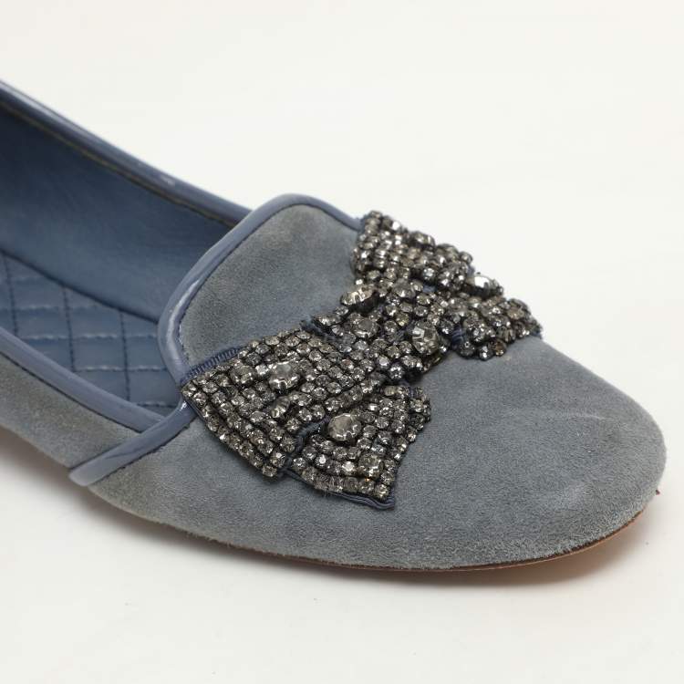 Pre Owned Tory Burch Blue Suede Carissa Smoking Slipper Size 36.5