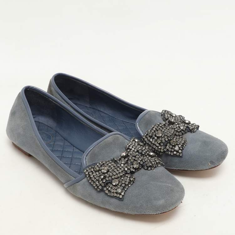 Pre Owned Tory Burch Blue Suede Carissa Smoking Slipper Size 36.5
