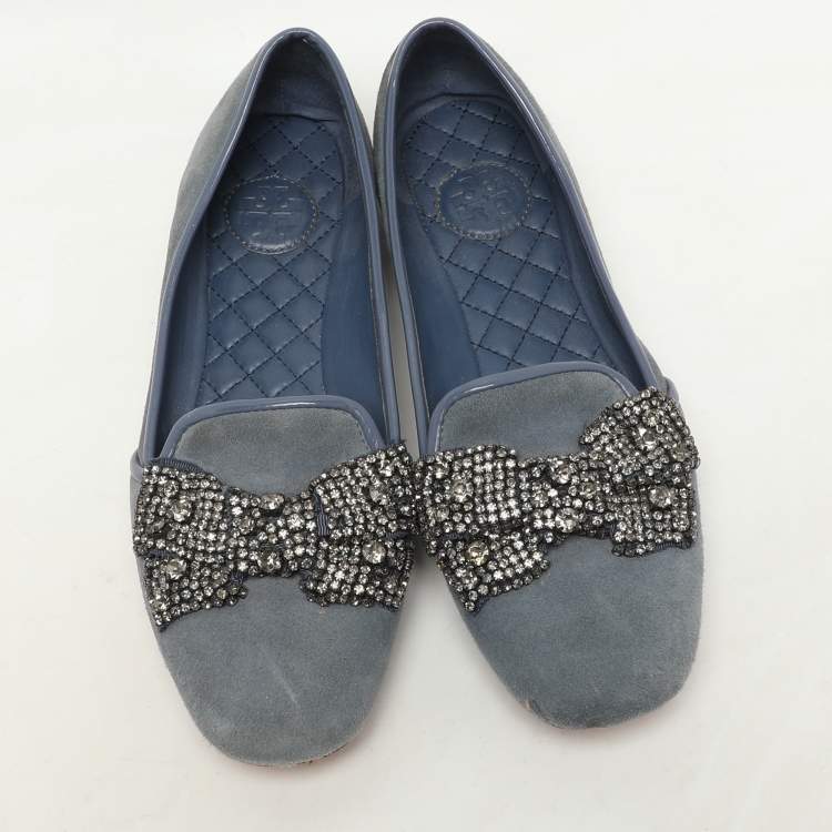Pre Owned Tory Burch Blue Suede Carissa Smoking Slipper Size 36.5