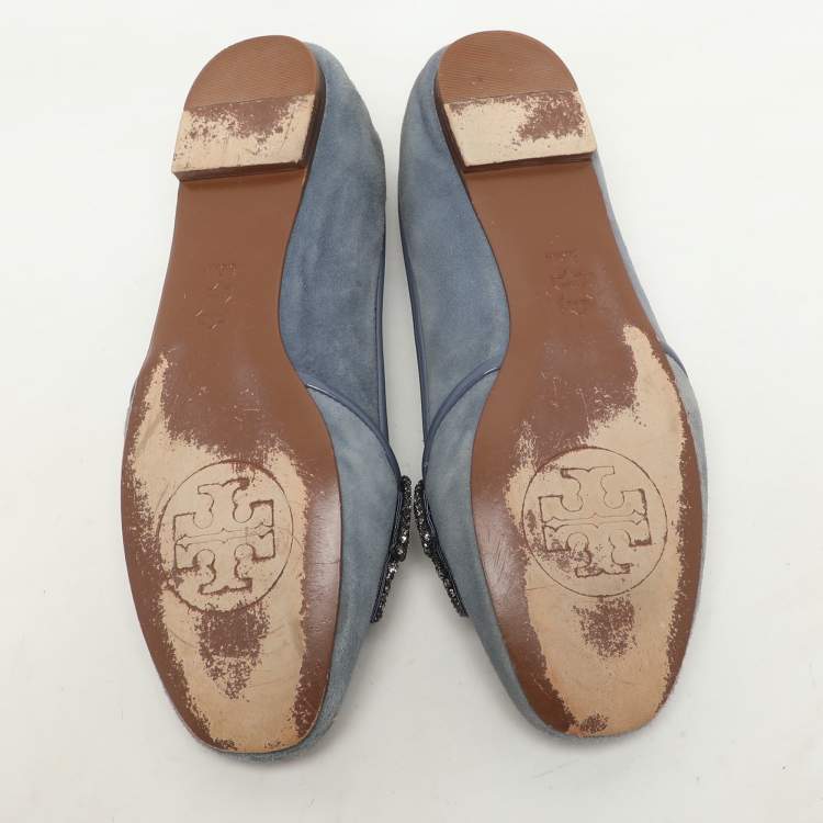 Pre Owned Tory Burch Blue Suede Carissa Smoking Slipper Size 36.5