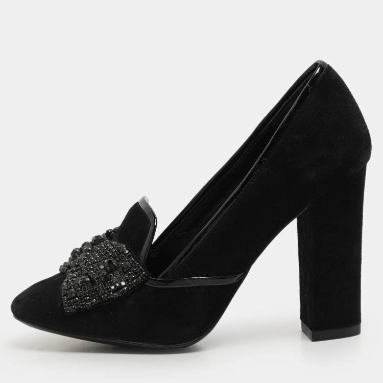 Pre Owned Tory Burch Black Suede Carissa Bow Embellished Pumps Size 36