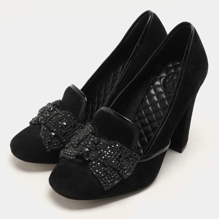 Pre Owned Tory Burch Black Suede Carissa Bow Embellished Pumps Size 36