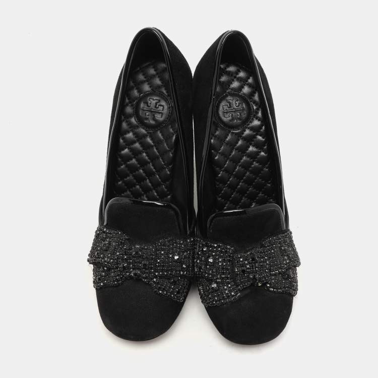 Pre Owned Tory Burch Black Suede Carissa Bow Embellished Pumps Size 36