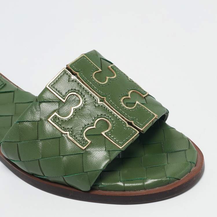 Pre Owned Tory Burch Green Woven Leather Ines Flat Slides Size 36