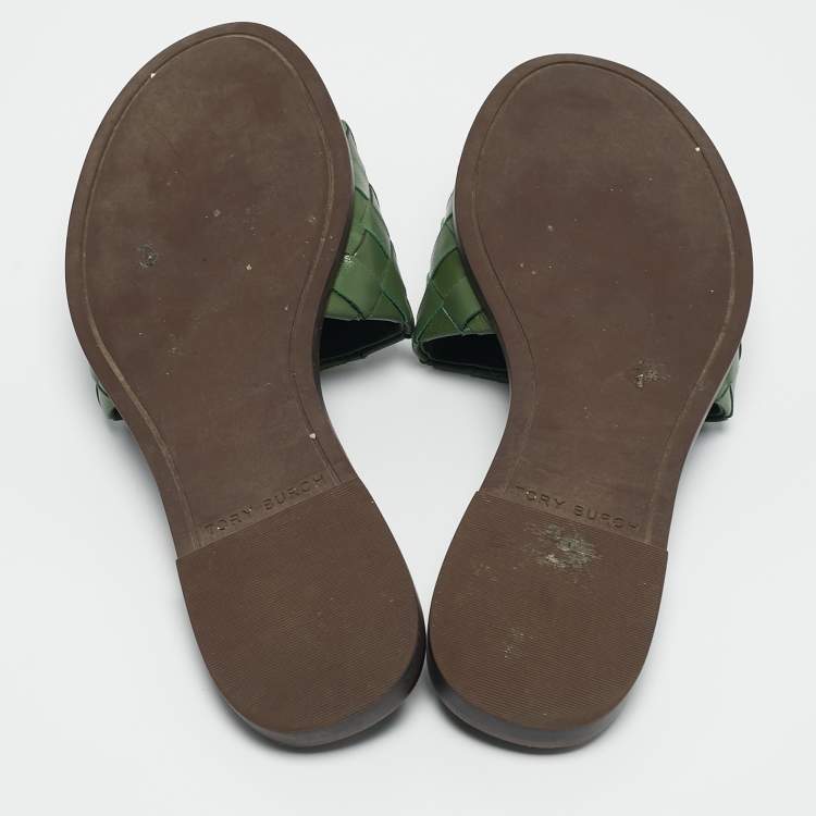 Pre Owned Tory Burch Green Woven Leather Ines Flat Slides Size 36