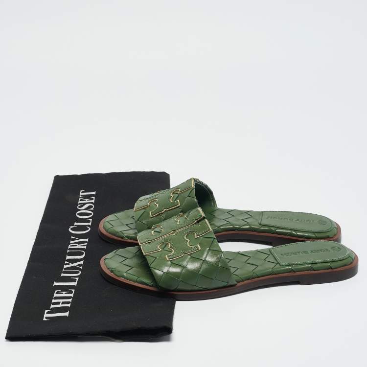 Pre Owned Tory Burch Green Woven Leather Ines Flat Slides Size 36