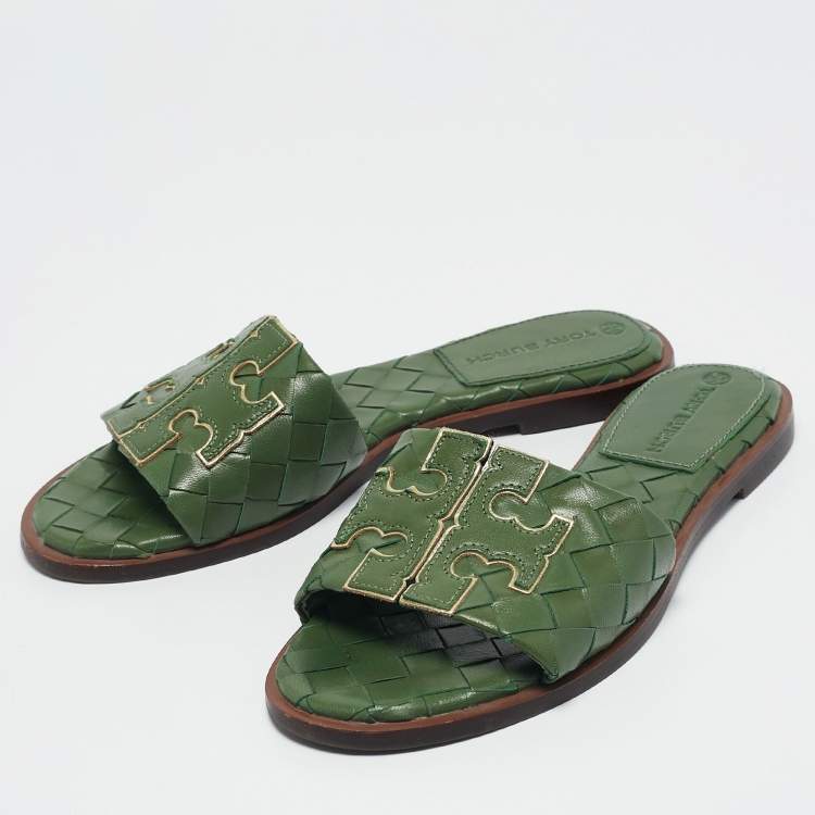 Pre Owned Tory Burch Green Woven Leather Ines Flat Slides Size 36