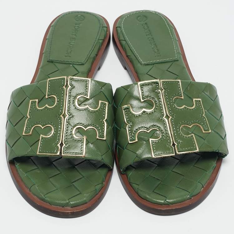 Pre Owned Tory Burch Green Woven Leather Ines Flat Slides Size 36