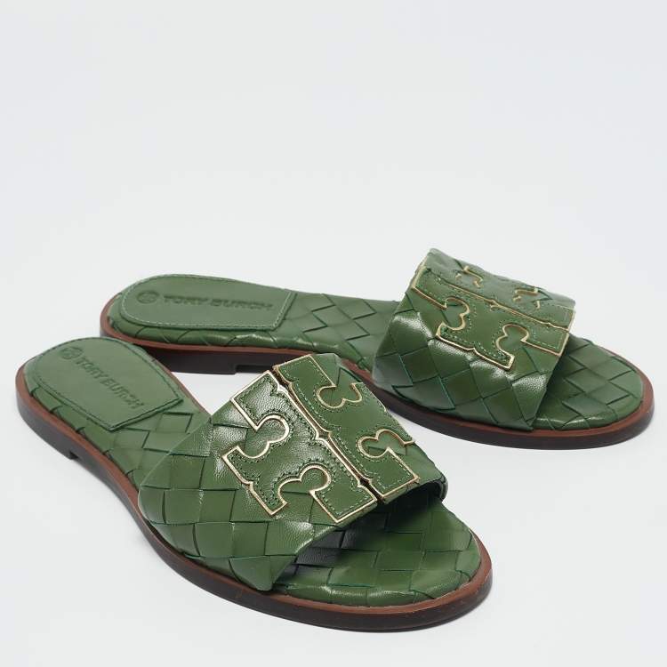 Pre Owned Tory Burch Green Woven Leather Ines Flat Slides Size 36