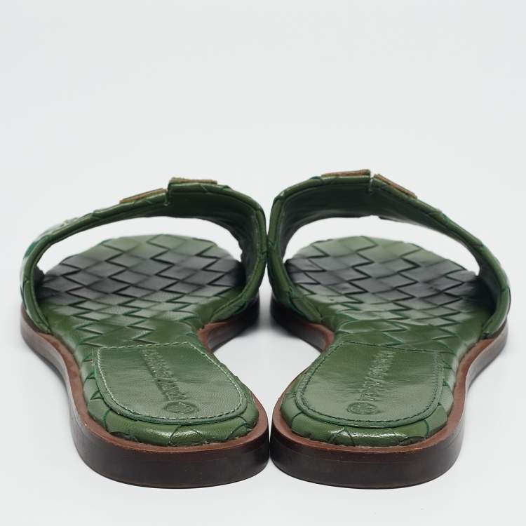 Pre Owned Tory Burch Green Woven Leather Ines Flat Slides Size 36