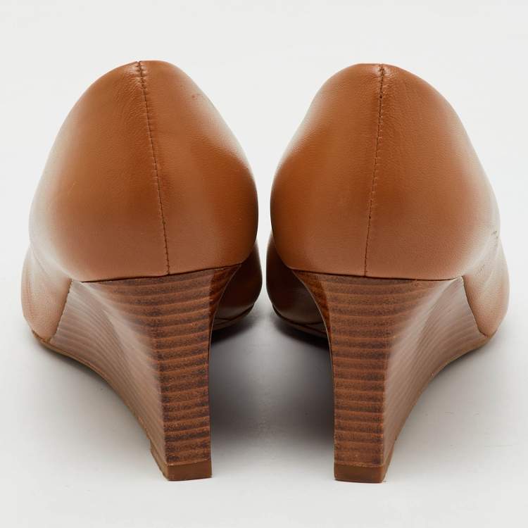 Pre Owned Tory Burch Royal Tan Leather Alice Wedge Pumps Size 36