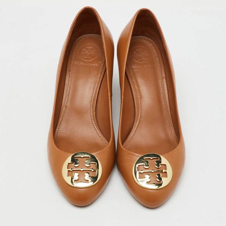 Pre Owned Tory Burch Royal Tan Leather Alice Wedge Pumps Size 36