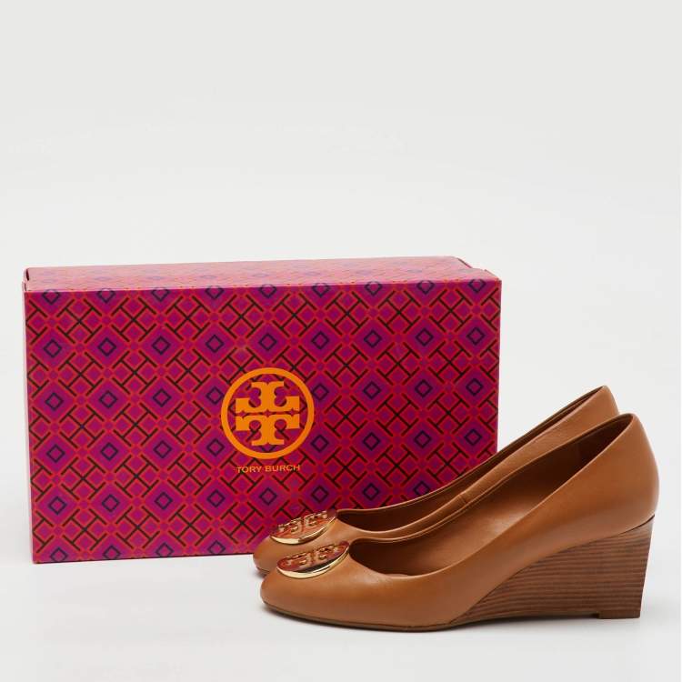 Pre Owned Tory Burch Royal Tan Leather Alice Wedge Pumps Size 36