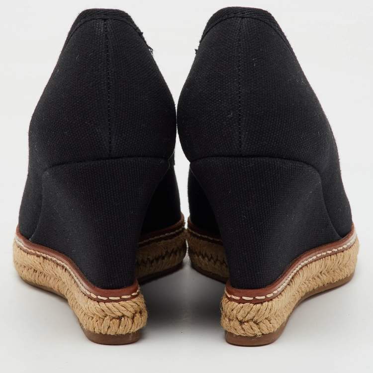 Pre Owned Tory Burch Black Canvas Jackie Wedge Platform Espadrille Peep Toe Pumps Size 36