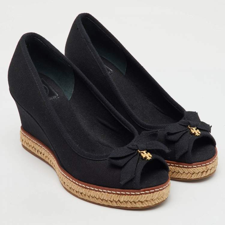 Pre Owned Tory Burch Black Canvas Jackie Wedge Platform Espadrille Peep Toe Pumps Size 36